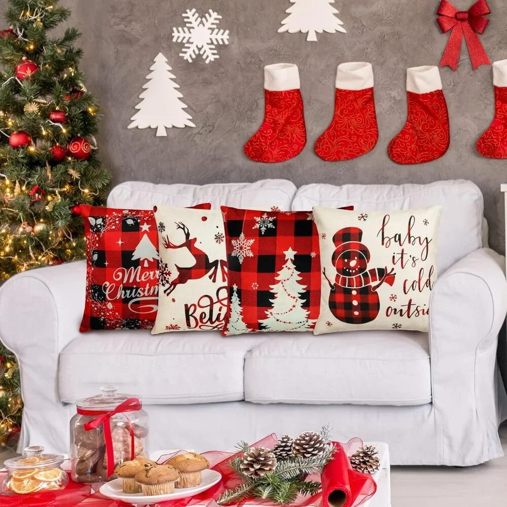 Farmhouse Christmas Pillow Covers 18x18 Inch Set of 4 Sofa Couch Decorations